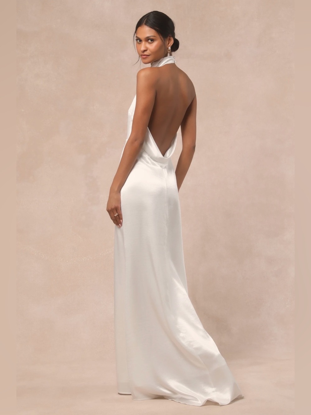 Lulus NWT “Meliana” White Satin Halter Backless Maxi Hi-Lo Dress. Size Small. - Picture 3 of 13